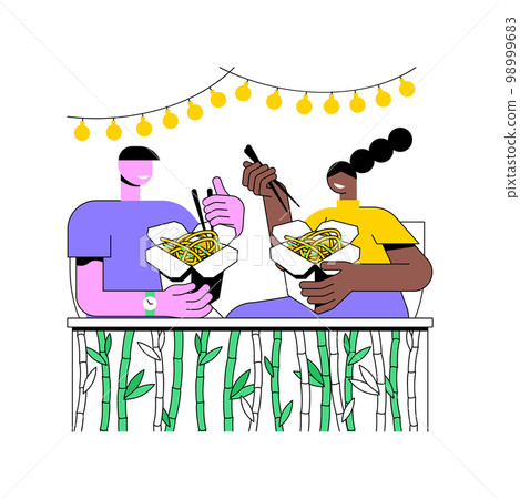 Chinese wok isolated cartoon vector illustrations. Couple eating Chinese wok together, holding chopsticks in hands, fast food addiction, takeaway noodles, leisure time vector cartoon. 98999683
