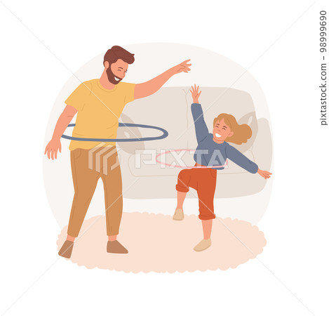 Hoop spinning isolated cartoon vector illustration. People hula-hooping at home together, family active lifestyle, physical activity, taking care of health, home training vector cartoon. 98999690