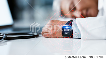 Hands, watch and signal of healthcare woman sleeping on desk while on call, help or emergency at the office. Hand of senior medical doctor resting on table during work hours dreaming with smart watch 98999701