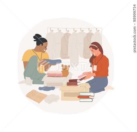 Organize donation isolated cartoon vector illustration. Group of people packaging a charity box with used books, toys, clothes, volunteers doing donation, personal growth vector cartoon. 98999754