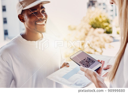 QR code, delivery man and customer phone in home for easy payment, paperless distribution and invoice. Mobile connection, barcode and courier package at from online shopping, supply chain and product 98999880