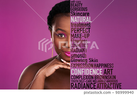 Beauty, skincare and black woman with text overlay for makeup and cosmetics isolated on purple background. Color, portrait and face of african model or person for self love collage or mockup space Beauty, skincare and black woman with text overlay for makeup and cosmetics isolated on purple background. Color, portrait and face of african model or person for self love collage or mockup space 98999940