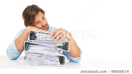 Accounting, stress and corporate headache of man with compliance anxiety of audit with mock up. Businessman burnout, tax documents and depressed fear of finance job and mental health issue 99000014