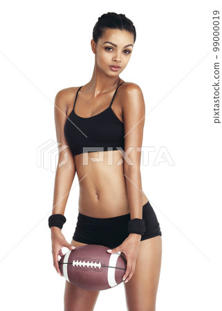 Sports health, portrait and black woman with football for exercise fitness, competition game or performance challenge. Cardio, studio workout or training football player isolated on white background 99000019