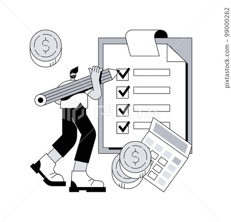 Filing the taxes abstract concept vector illustration. File income tax return, gather paperwork, employer form, earnings statement documents, tax preparation online software abstract metaphor. 99000262