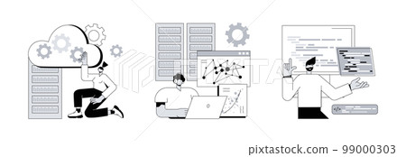 Information storage infrastructure abstract concept vector illustration set. Big data architecture, big data visualization, data entry services, business intelligence, outsource abstract metaphor. 99000303