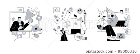 Digital content abstract concept vector illustration set. Social media news and tips, influencer, internet criticism, personal blog, hate speech, comments and share, fake profile abstract metaphor. 99000316