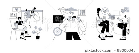 Mental health abstract concept vector illustration set. Psychologist service, anxiety, social interaction skills, family psychology, children therapy, panic attack, social network abstract metaphor. Mental health abstract concept vector illustration set. Psychologist service, anxiety, social interaction skills, family psychology, children therapy, panic attack, social network abstract metaphor. 99000343