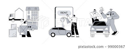 Domestic transport abstract concept vector illustration set. Moving house services, car rental, parking fines, movers and packing, online car booking, key lock, no parking zone abstract metaphor. Domestic transport abstract concept vector illustration set. Moving house services, car rental, parking fines, movers and packing, online car booking, key lock, no parking zone abstract metaphor. 99000367