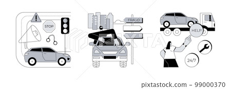 Troubles on the road abstract concept vector illustration set. Traffic crime, road fraud, roadside assistance, rules violation, pick up hitchhiker, change flat tire, car repair abstract metaphor. 99000370