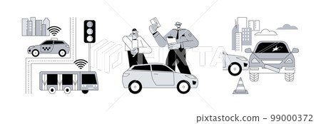 Traffic control abstract concept vector illustration set. Intelligent transport system, traffic fine, road accident, smart driverless car, speed control, driving rules violation abstract metaphor. Traffic control abstract concept vector illustration set. Intelligent transport system, traffic fine, road accident, smart driverless car, speed control, driving rules violation abstract metaphor. 99000372