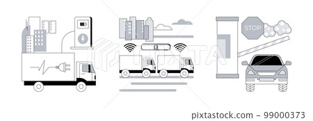 Modern transportation abstract concept vector illustration set. Electric trucks platooning and connectivity, toll road, electric engine, automated highway, motorway entrance pass abstract metaphor. Modern transportation abstract concept vector illustration set. Electric trucks platooning and connectivity, toll road, electric engine, automated highway, motorway entrance pass abstract metaphor. 99000373