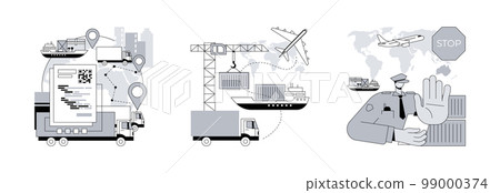 Commercial transportation industry abstract concept vector illustration set. Blockchain in transport technology, combined transport, embargo regulation, goods movement, trading ban abstract metaphor. Commercial transportation industry abstract concept vector illustration set. Blockchain in transport technology, combined transport, embargo regulation, goods movement, trading ban abstract metaphor. 99000374