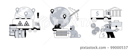 Transit and logistics abstract concept vector illustration set. Transport of dangerous goods, animal transportation, cash-in-transit, barrels storage, truck trailer, container abstract metaphor. 99000537