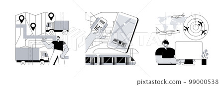 Transportation system abstract concept vector illustration set. National and regional transport, air traffic control, car driver, passenger pass, ticket office, airport radar abstract metaphor. Transportation system abstract concept vector illustration set. National and regional transport, air traffic control, car driver, passenger pass, ticket office, airport radar abstract metaphor. 99000538