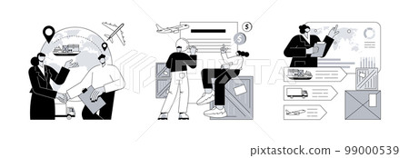 Logistic industry abstract concept vector illustration set. Collaborative logistics, contract of carriage, supply chain analytics, freight cost, cargo transportation, goods delivery abstract metaphor. Logistic industry abstract concept vector illustration set. Collaborative logistics, contract of carriage, supply chain analytics, freight cost, cargo transportation, goods delivery abstract metaphor. 99000539