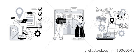 International logistics abstract concept vector illustration set. Road transport documents, harmonized system, import of goods and services, CMR, HTS code service, trading goods abstract metaphor. International logistics abstract concept vector illustration set. Road transport documents, harmonized system, import of goods and services, CMR, HTS code service, trading goods abstract metaphor. 99000545