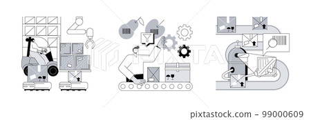 Sorting parcels abstract concept vector illustration set. Warehouse robotization, sortation systems, barcode scanning, forklift, goods storage, conveyor, order processing, QR reader abstract metaphor. Sorting parcels abstract concept vector illustration set. Warehouse robotization, sortation systems, barcode scanning, forklift, goods storage, conveyor, order processing, QR reader abstract metaphor. 99000609