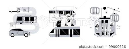 Public transport abstract concept vector illustration set. Surface, underground and cable transport, road and highway, trolleybus, bus stop, subway train station, passenger traffic abstract metaphor. Public transport abstract concept vector illustration set. Surface, underground and cable transport, road and highway, trolleybus, bus stop, subway train station, passenger traffic abstract metaphor. 99000618