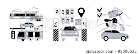 Car traffic abstract concept vector illustration set. Urban transport, parking area, rental vehicle, road sign, public transport, passenger, underground garage, carsharing abstract metaphor. Car traffic abstract concept vector illustration set. Urban transport, parking area, rental vehicle, road sign, public transport, passenger, underground garage, carsharing abstract metaphor. 99000638