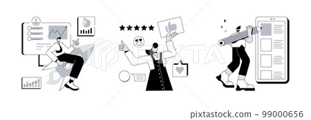 Customer behavior analysis abstract concept vector illustration set. Data driven marketing, user feedback and website rating, online survey, user data, marketing research tool abstract metaphor. 99000656