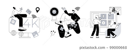 Internet television abstract concept vector illustration set. SmartTV technology, accessories and applications, online streaming, home cinema, 4k video, download software app abstract metaphor. Internet television abstract concept vector illustration set. SmartTV technology, accessories and applications, online streaming, home cinema, 4k video, download software app abstract metaphor. 99000668