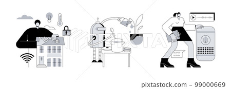 Smart living environment abstract concept vector illustration set. Smart home 2.0, home robot technology, voice-activated speaker, vacuum cleaner, interactive IoT infrastructure abstract metaphor. Smart living environment abstract concept vector illustration set. Smart home 2.0, home robot technology, voice-activated speaker, vacuum cleaner, interactive IoT infrastructure abstract metaphor. 99000669