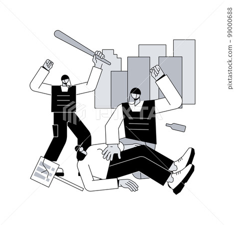 Police violence abstract concept vector illustration. Mass protest, police brutality, civil rights violation, property damage, law enforcement, legal actions, demilitarization abstract metaphor. 99000688