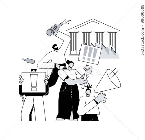 Mass riots abstract concept vector illustration. Public protest, demonstration, political activism, mass unrest, street action, meeting, vandalism and looting, curfew abstract metaphor. 99000689