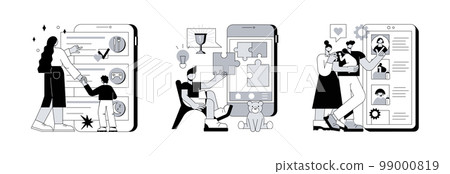 Childcare technology solutions abstract concept vector illustration set. Kids routine and early learning app, child care online platform, newborn application, babysitter search abstract metaphor. 99000819