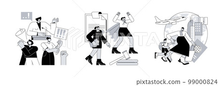 Gender equality abstract concept vector illustration set. Participation of women, emancipation and social equal rights, female migrant, female speaker leader, businesswoman ambition abstract metaphor. 99000824