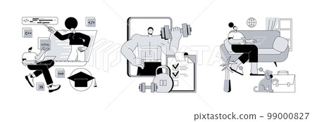 Freelancer job abstract concept vector illustration set. Online IT courses, become a professional coach, freelance work, individual learning plan, self-employment, remote work abstract metaphor. 99000827