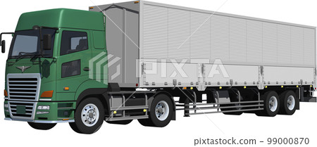 2 軸拖拉機和銀色 2 軸拖車的大翼貨車切口圖像插圖 99000870