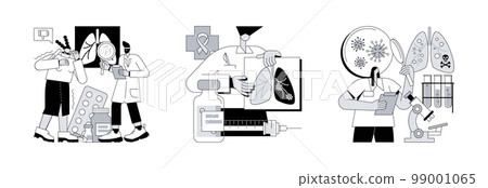 Lung disease abstract concept vector illustration set. Tuberculosis and lung cancer, lower respiratory infections, symptoms and diagnostics, oncology, tumor risk factor, pneumonia abstract metaphor. 99001065