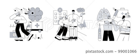 Senior people illness abstract concept vector illustration set. Stroke and parkinson disease tremor, chronic obstructive pulmonary disease, headache, shortness of breath, first aid abstract metaphor. 99001066