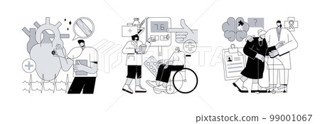 Elderly people health problems abstract concept vector illustration set. Ischemic heart disease, diabetes mellitus, Alzheimerand dementia, coronary artery, blood sugar, memory loss abstract metaphor. 99001067