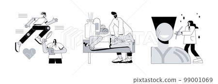 Physical therapy abstract concept vector illustration set. Sport medicine, professional massage therapy, kinesiology taping, pain relief, wellness relaxation, bandage application abstract metaphor. Physical therapy abstract concept vector illustration set. Sport medicine, professional massage therapy, kinesiology taping, pain relief, wellness relaxation, bandage application abstract metaphor. 99001069