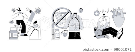 Allergic reaction abstract concept vector illustration set. Allergic disease, drug allergy, CPR, first aid, antihistamines therapy, skin rash, dermatology clinic, anaphylactic shock abstract metaphor. 99001071