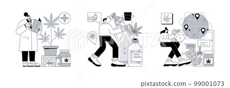 Medical cannabis abstract concept vector illustration set. Medical marijuana, hemp seed oil, hemp products distribution, cancer pain and inflammation relief, sativa plant pharmacy abstract metaphor. 99001073