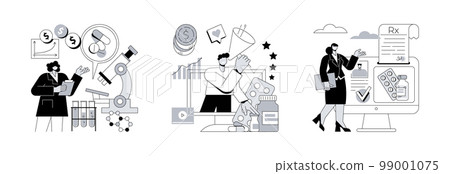 Drugs and medication industry abstract concept vector illustration set. Pharmacological business, pharmaceutical marketing, online prescription system, pharmacy network, drugstore abstract metaphor. 99001075