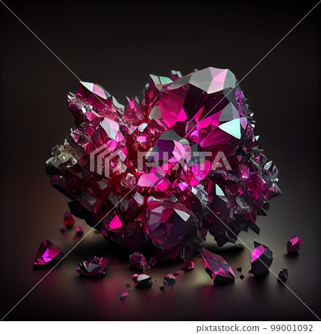 Shiny Crystal magenta pink sapphire gem isolated on black background. Natural precious mineral stone artistic illustration. Decorative crystal fuchsia pink sapphire gemstone realistic poster. 99001092