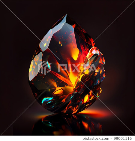 Shiny Crystal fire opal gem isolated on black background. Natural precious mineral stone artistic illustration. Decorative orange fire opal crystal realistic gemstone poster. 99001116