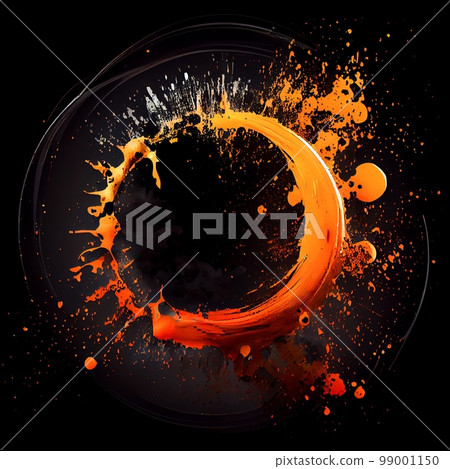 Orange paint circle splash isolated on black background. Orange color acrylic blots abstract splashes. Grunge circle frame design. 99001150