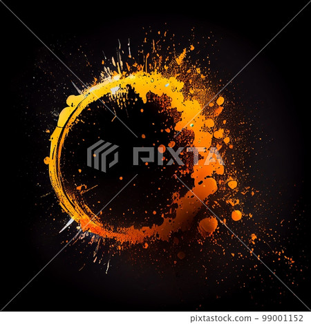 Orange paint circle splash isolated on black background. Orange color acrylic blots abstract splashes. Grunge circle frame design. Orange paint circle splash isolated on black background. Orange color acrylic blots abstract splashes. Grunge circle frame design. 99001152