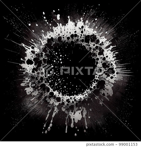 Grey paint circle splash isolated on black background. Grey color acrylic blots abstract splashes. Grunge circle frame design. 99001153