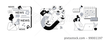 Content marketing service abstract concept vector illustration set. Mobile content, attracting followers, regular blog posts, live stream, follow social media, online notification abstract metaphor. Content marketing service abstract concept vector illustration set. Mobile content, attracting followers, regular blog posts, live stream, follow social media, online notification abstract metaphor. 99001197