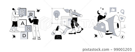 Brand management abstract concept vector illustration set. Company branding, brand identity and awareness, visual identity, website and social media, business card, logo template abstract metaphor. 99001203