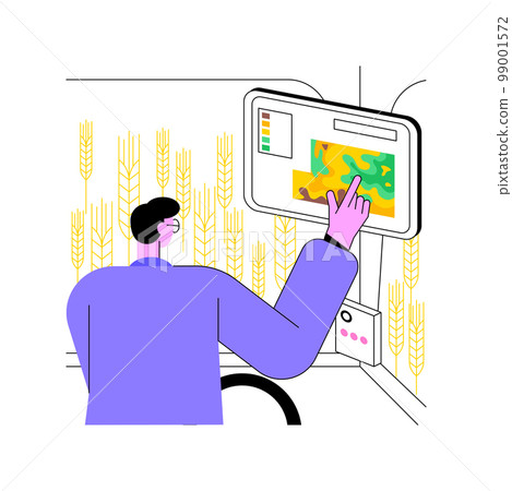 Yield monitoring isolated cartoon vector illustrations. Farmer monitoring the soil, map yield at harvest, smart farming, reduce environmental risks, precision agriculture vector cartoon. Yield monitoring isolated cartoon vector illustrations. Farmer monitoring the soil, map yield at harvest, smart farming, reduce environmental risks, precision agriculture vector cartoon. 99001572