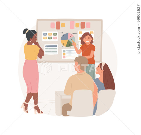 Portfolio presentation isolated cartoon vector illustration. Student presents portfolio to parents and teacher, sit in a classroom, showing work, telling about study plan vector cartoon. 99001627