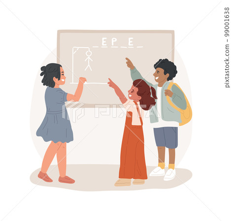 Hangman isolated cartoon vector illustration. Elementary school club, socializing fun activity, guessing game, child drawing hangman, english word, learn vocabulary through play vector cartoon. 99001638